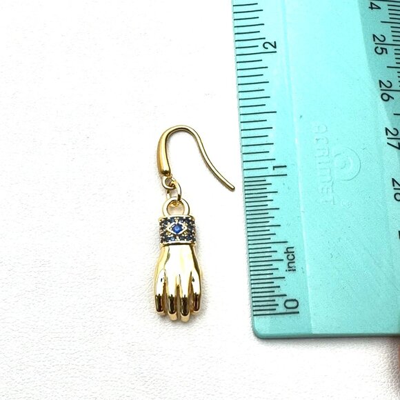 18K Gold Plated Evil Eye Blue Crystal Figa Fist Earrings Pierced Chandelier - Picture 3 of 4